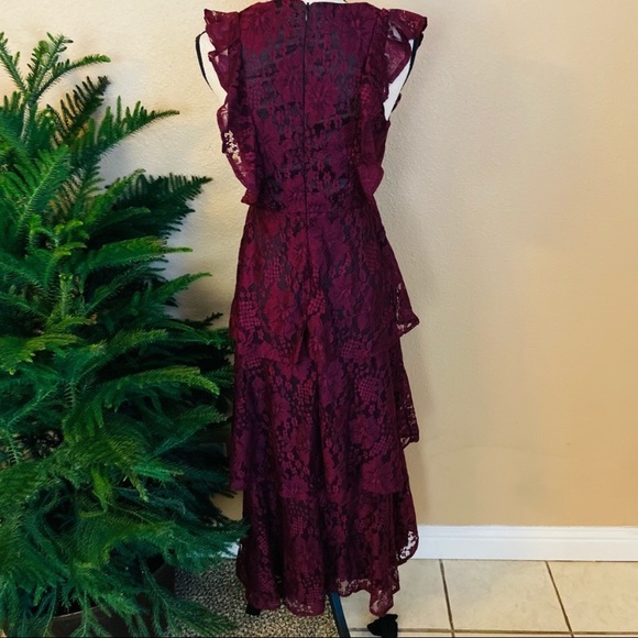NWOT Lulus Molinetto Burgundy Lace Ruffled Tiered Sleeveless Maxi Dress - Picture 6 of 16